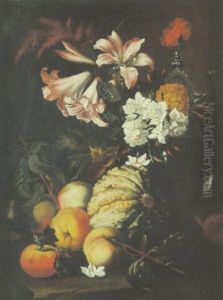 Nature Morte Aux Lys, Melon, Peches Et Piece De Verrerie