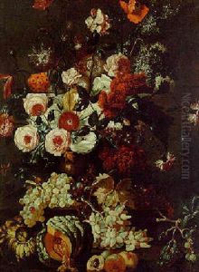 Roses And Other Flowers In An Urn With Grapes, A Melon And Peaches On A Ledge