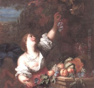 Woman Holding A Bunch Of Grapes Up To A Parrot by Abraham Brueghel