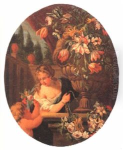 Child Handing A Small Bouquet Of Flowers To A Woman Tying A Garland Of Flowers To A Stone Plinth