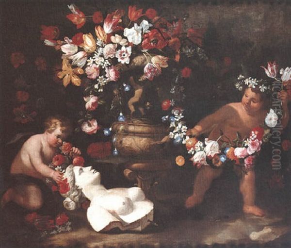 Putti Ornant De Guirlandes De Fleurs Un Buste De Femme Sculpte, Gisant Au Pied D'une Vasque Fleurie - view 1