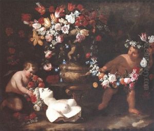 Putti Ornant De Guirlandes De Fleurs Un Buste De Femme Sculpte, Gisant Au Pied D'une Vasque Fleurie by Abraham Brueghel