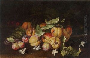 Peaches, Plums, Cherries And Blossom On A Bank
