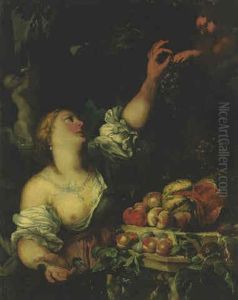 A Woman With A Putto Picking Grapes In A Garden By A Fountain With Fruit
