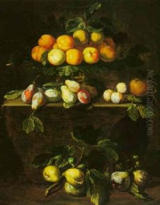 Still Life Of Peaches, Plums, Pomegranates And Other Fruit In A Gilt Tazza And Around A Stone Ledge by Abraham Brueghel