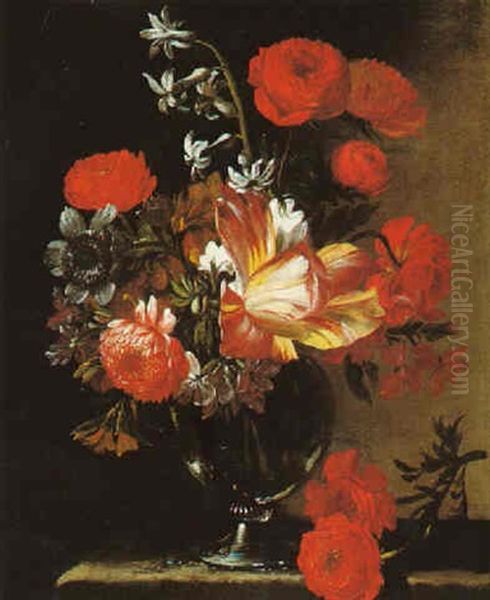 Still Life Of Tulips, Roses And Carnations In A Glass Vase, Upon A Stone Plinth - view 1