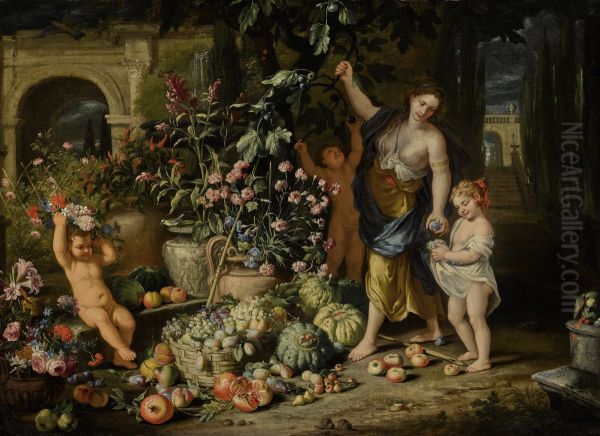 A Young Woman Picking Figs With Three Children In A Terraced Garden - view 1