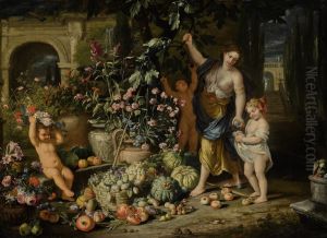 A Young Woman Picking Figs With Three Children In A Terraced Garden