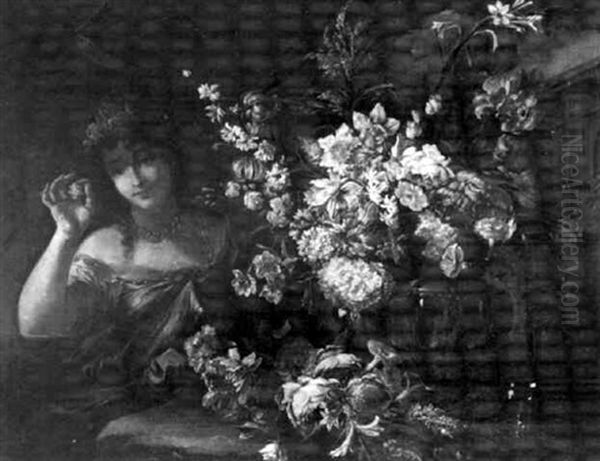 Jeune Femme Pres D'une Coupe De Fleurs Dans Un Jardin - view 1