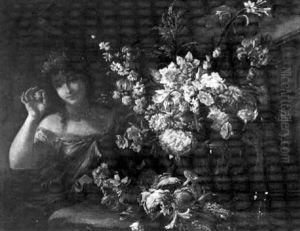Jeune Femme Pres D'une Coupe De Fleurs Dans Un Jardin by Abraham Brueghel