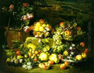 Still Life Of Fruit In A Woven Basket And An Urn With Birds And Flowers Scattered In A Landscape