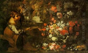 Still Life Of Fruit And Flowers With A Maidservant Gathering Grapes