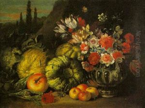 Still Life Of A Watermelon, Grapes, Pears, Apples And Other Fruit On A Stone Ledge