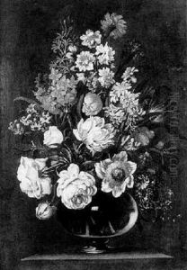 Bouquet De Fleurs Dans Un Vase En Verre Sur Un Entablement by Abraham Brueghel