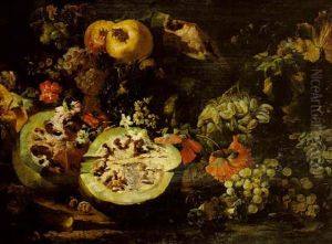 Still Life Of Watermelons, Grapes, Pomegranates, Carnations And Other Flowers