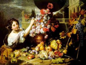 A Young Woman Arranging Flower In An Urn, With Fruit On A Ledge With A Villa Beyond