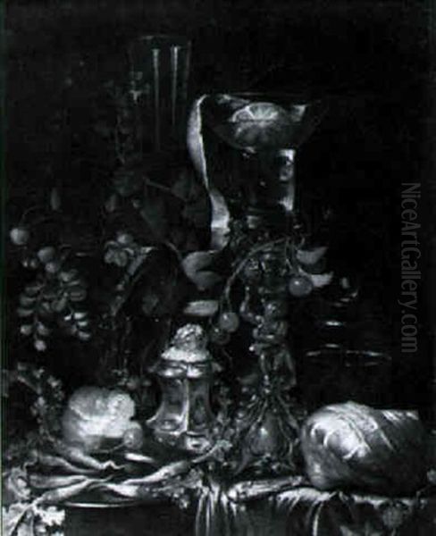 Still Life With Figural Chalice, Fruit And Bread On A Draped Table - view 1