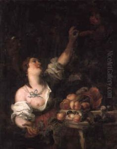 A Woman Picking Grapes And A Putto By A Classical Pedestal With Fruit