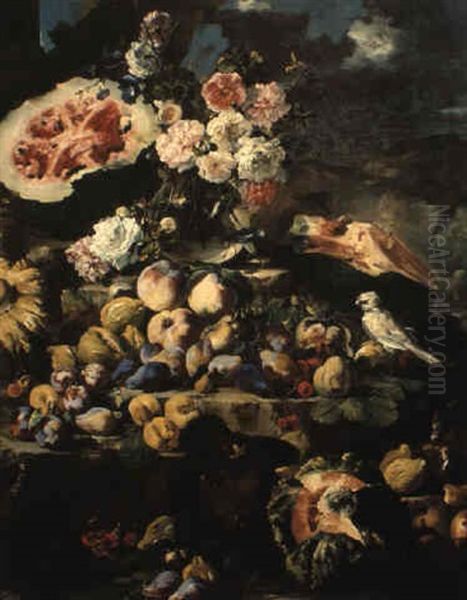 Natura Morta Di Frutta Con Uccellino E Fiori In Un Vaso Di Vetro - view 1