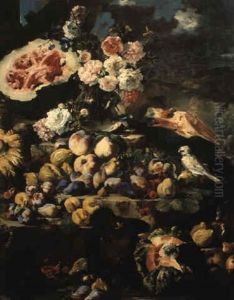 Natura Morta Di Frutta Con Uccellino E Fiori In Un Vaso Di Vetro by Abraham Brueghel