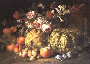Melons, Peaches, Plums, Pears And A Vase Of Flowers On A Bank by Abraham Brueghel