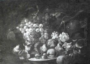 Still Life Of Grapes, Figs, Peaches And White Flowers