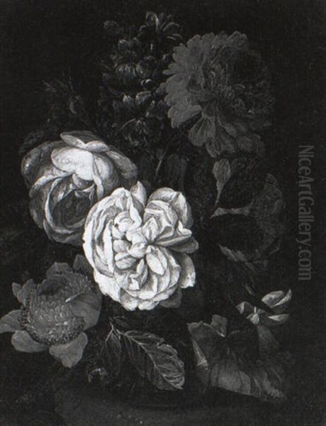 Roses, Hyacinths And Other Flowers In A Glass Vase On A Stone Ledge - view 1