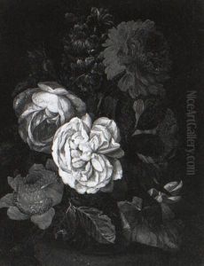 Roses, Hyacinths And Other Flowers In A Glass Vase On A Stone Ledge by Abraham Brueghel