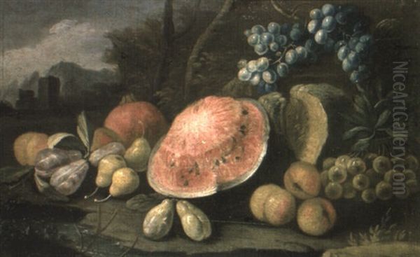 A Sliced Melon And Other Fruit In A Landscape - view 1