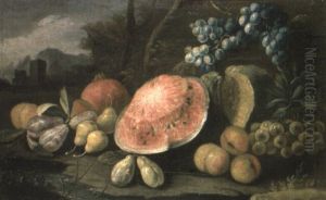 A Sliced Melon And Other Fruit In A Landscape by Abraham Brueghel
