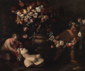 Putti Ornant De Guirlandes De Fleurs Un Buste De Femme by Abraham Brueghel