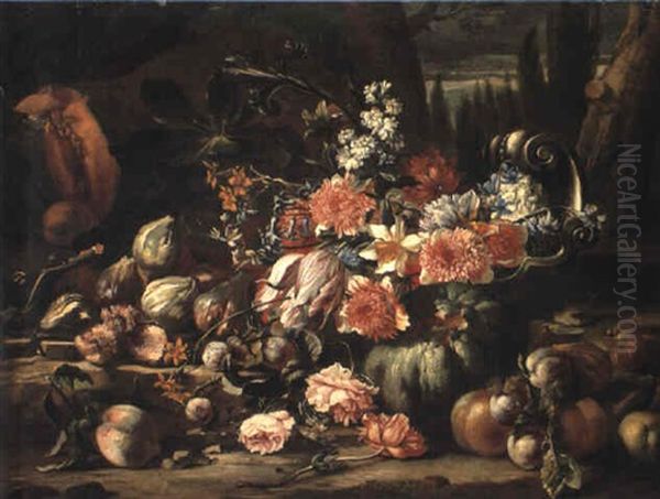 Flowers In A Silver Fruit Dish And Fruit On A Rocky Bank - view 1