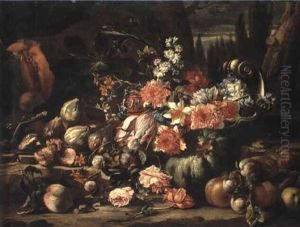 Flowers In A Silver Fruit Dish And Fruit On A Rocky Bank Flowers In A Silver Fruit Dish And Fruit On A Rocky Bank