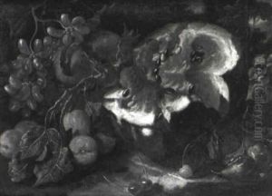 Watermelon, Peaches And Other Fruit On A Rocky Bank by Abraham Brueghel