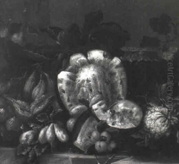 Melon, Figs, Plums And Apricots On A Ledge - view 1