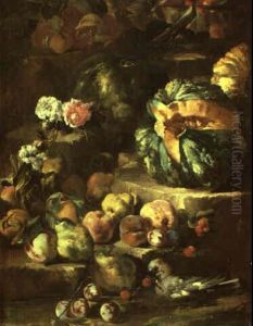 Still Life With Bowl Of Fruit And A Jay On A Rocky Bank