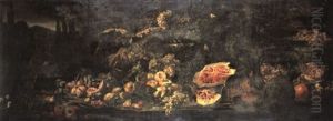 A Still Life Of Figs, Apples, Plums, Grapes, Melons And     Pomegranates, With A Green Parrot And A Silver Vase, A