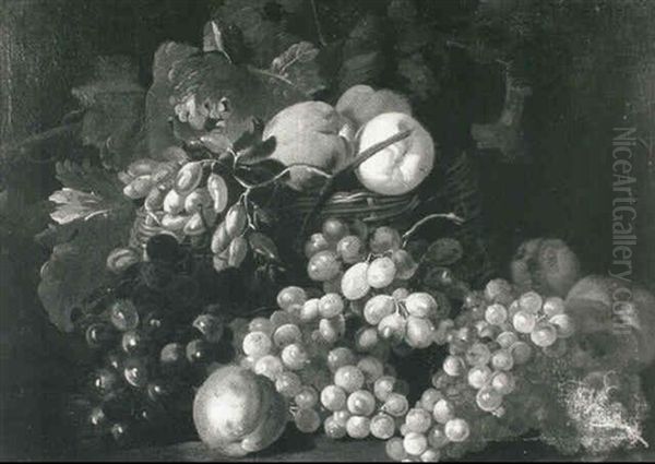 Peaches In A Basket With Grapes On A Ledge - view 1
