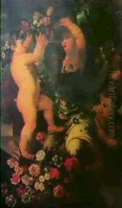 Putten Schmucken Eine Antike Statue Mit Blumen by Abraham Brueghel