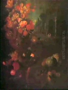 Ein Grosses, Dekoratives Stilleben Mit Blumen In Einer Prunkvase, Mit Kurbissen, Pfirsichen Und Einem Papagei... by Abraham Brueghel