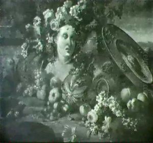 Still Life Of Fruit And Flowers With A Silver Gilt Ewer And Basin And A Stone Bust by Abraham Brueghel