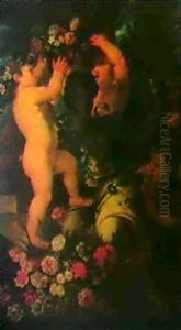 Putten Schmucken Eine Antike Statue. by Abraham Brueghel