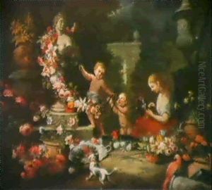 Enfants Ornant Une Statue D'une Guirlande De Fleurs