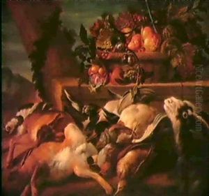 Natura Morta Di Selvaggina E Di Frutta Con Sfondo Di        Paesaggio A Sinistra