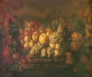 Apples, Grapes, Cherries, Redcurrants, A Melon And Other Fruit In A Basket On A Plinth Apples, Grapes, Cherries, Redcurrants, A Melon And Other Fruit In A Basket On A Plinth
