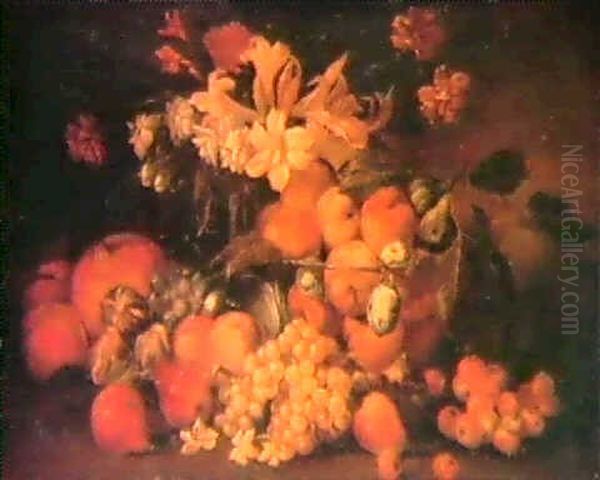 Grenade, Sorbe, Poire, Figuresraisins, Peches, Oeillets, Lyset Seringats, Fleurs De Jasminsur Un Entablement - view 1