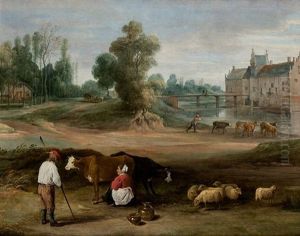 Paisaje Con Campesinos Ordenando Vacas Y Palacio Al Fondo