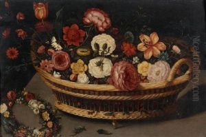 Panier Et Couronnes De Fleurs Sur Un Entablement by Ambrosius Brueghel