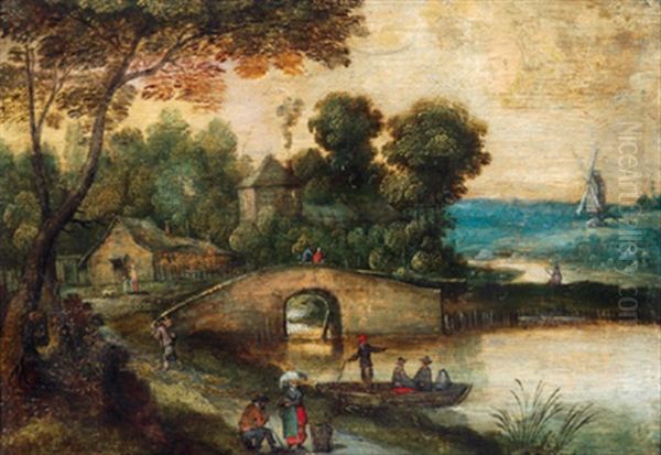 Flusslandschaft Mit Einer Steinernen Brucke, Einem Turm, Einem Bauernhaus, Einer Windmuhle Und Figuren - view 1