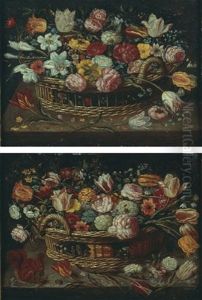 Nature Morte Aux Panier De Fleurs Sur Un Entablement (+ Another; Pair) by Ambrosius Brueghel